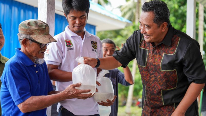 Pj Bahtiar Serahkan Benih Udang Vaname di Bonda Mamuju