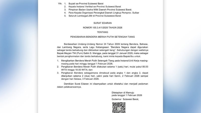 Wagub Berpulang, Pemprov Sulbar Instruksikan Pengibaran Bendera Setengah Tiang Sebagai Tanda Berkabung
