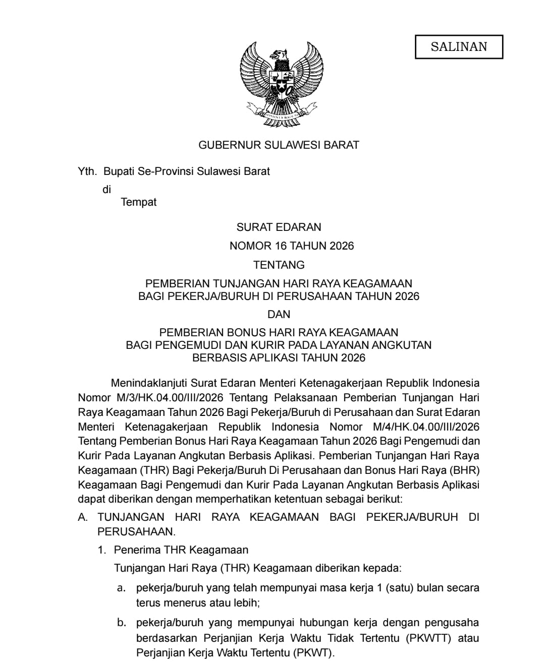 Pemprov Sulbar Terbitkan Surat Edaran Pemberian THR dan BHR