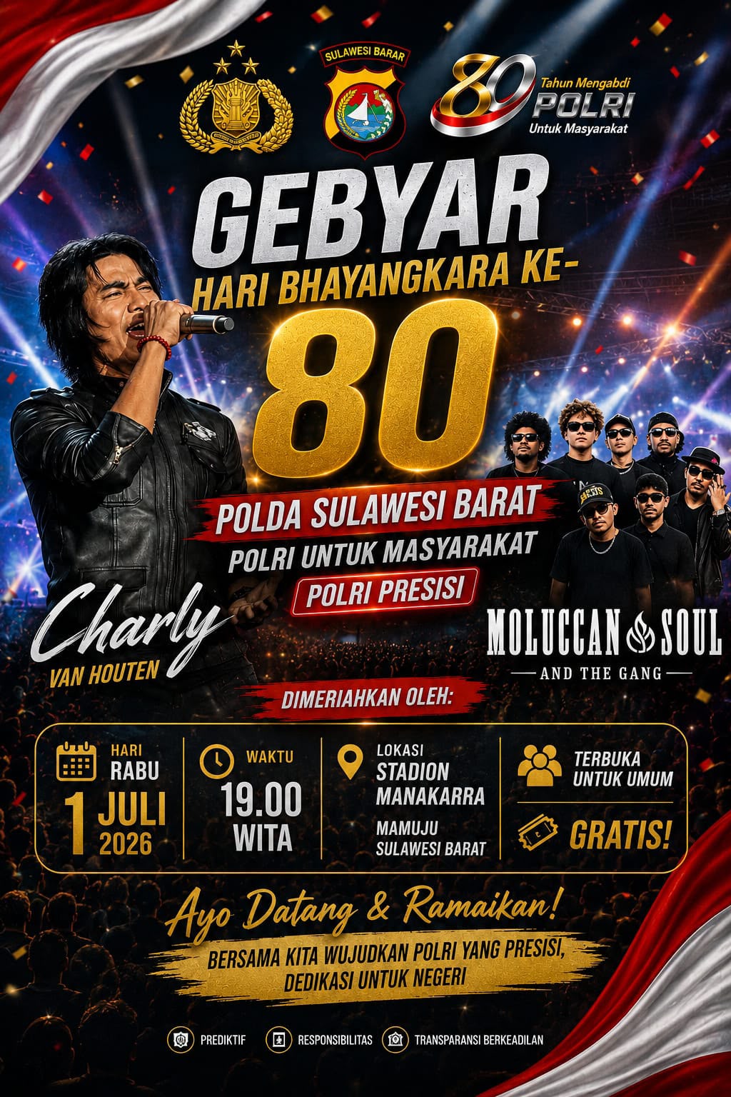 Gebyar Hari Bhayangkara ke-80, Polda Sulbar Hadirkan Charly Van Houten di Stadion Manakarra