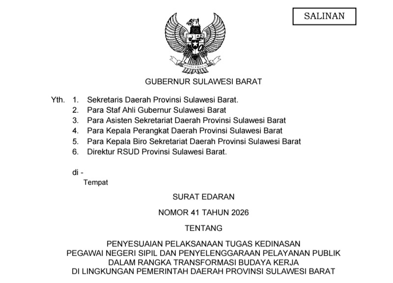 WFH ASN Sulbar Mulai Berlaku, Presensi dan Laporan Kinerja Tetap Wajib